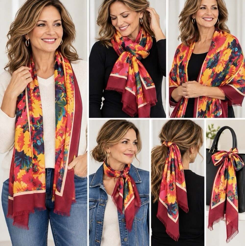 Talbots Scarf NWT Fall Red Floral Paisley Print Lightweight Wrap Shawl 72” x 26”